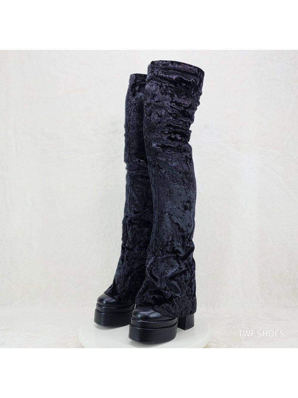 Unique Thigh High Black Velvet Fold over Skirted Chunky Heel Platform Boots - Picture 10 of 17